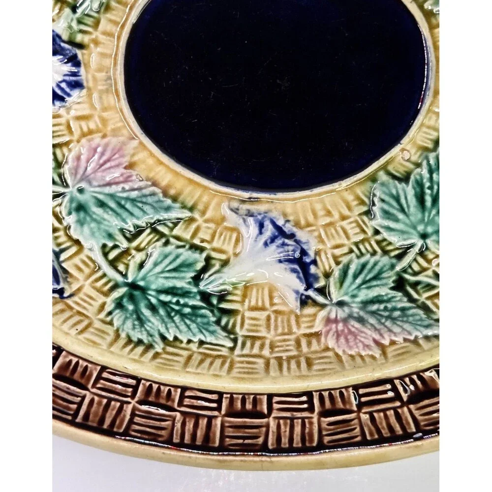 Antique Oval Majolica Basket Weave Footed Platter Floral Bread Bowl Cobalt 12¾